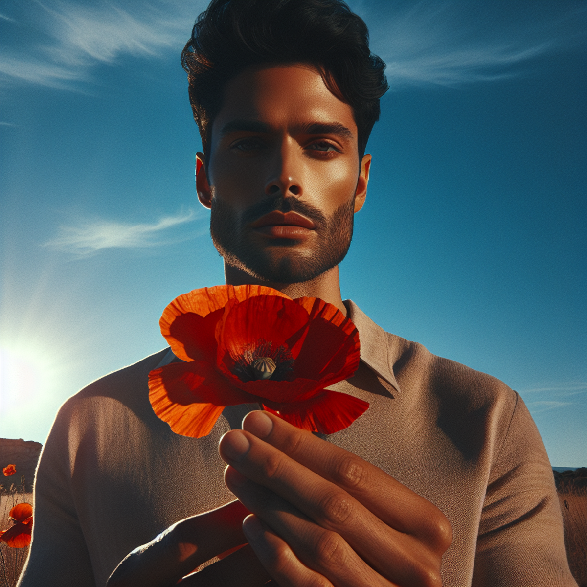 A Hispanic man in his mid-thirties holds a bright red poppy flower against a clear blue sky.