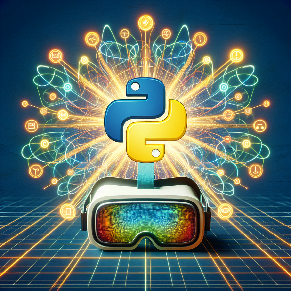 A VR headset surrounded by colorful Python symbols.