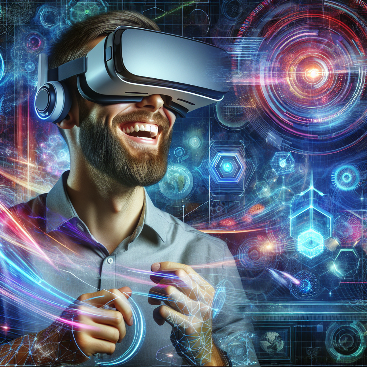 A man wearing a VR headset and smiling as he experiences a futuristic virtual reality environment.