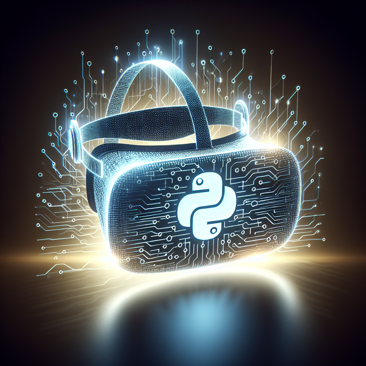 A virtual reality headset with a digital aura of Python programming symbols.