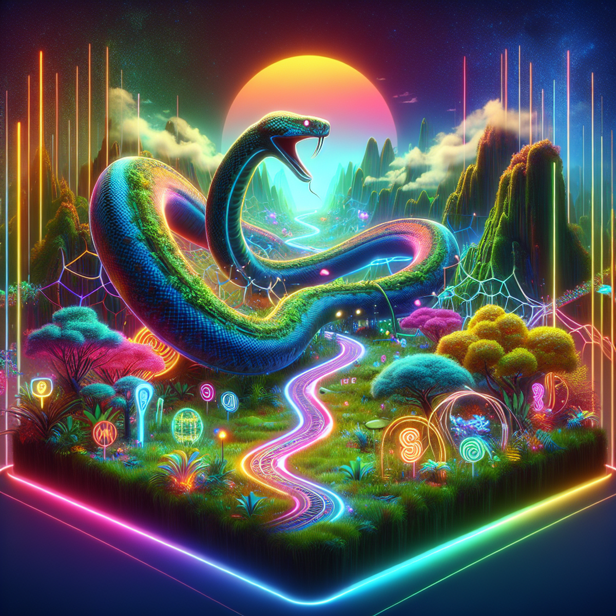 A vibrant virtual reality environment with lush vegetation, neon lights, and an intriguing python-shaped trail symbolizing new possibilities.