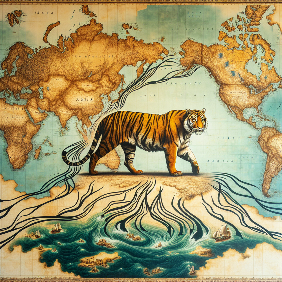 Majestic tiger standing on antique-style map with Asia and Africa continents.