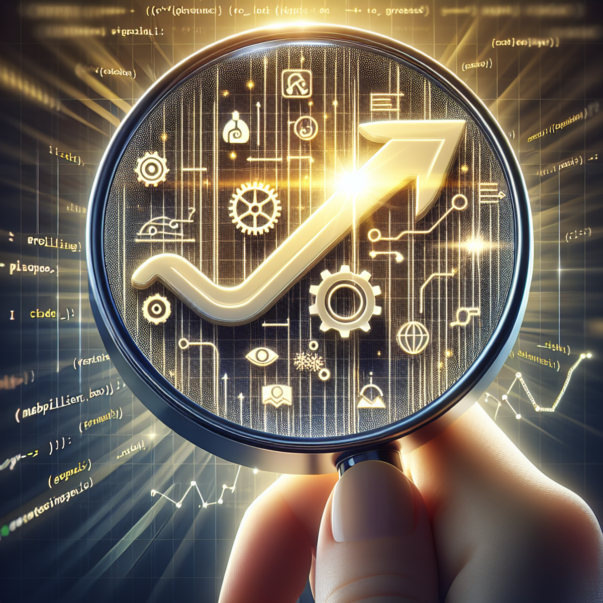 A magnifying glass hovers over Python code, with symbols of a speeding arrow, gears, and a rising graph indicating performance optimization.