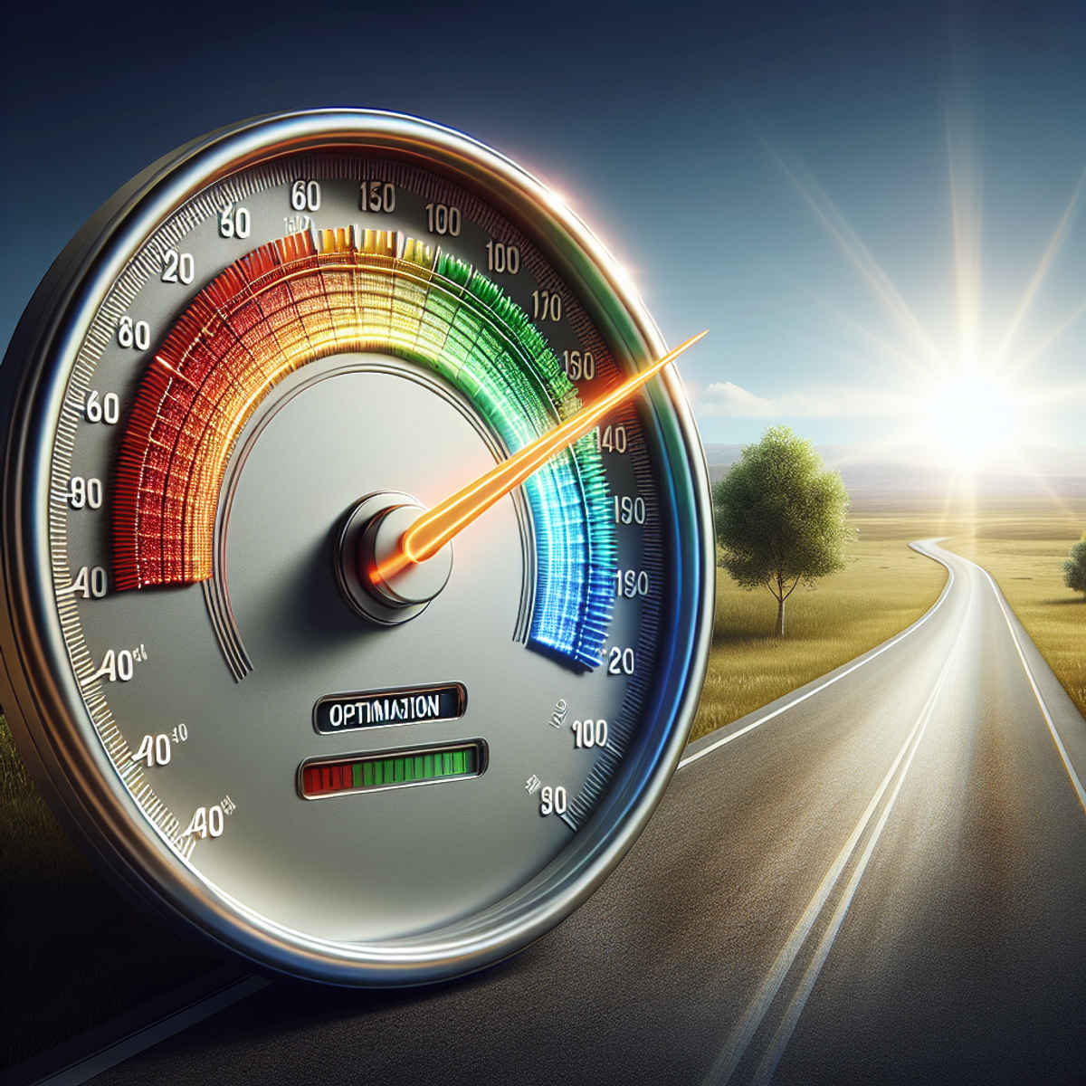 A speedometer with color-coded progress stages and a needle at the optimal position, overlooking an open road.