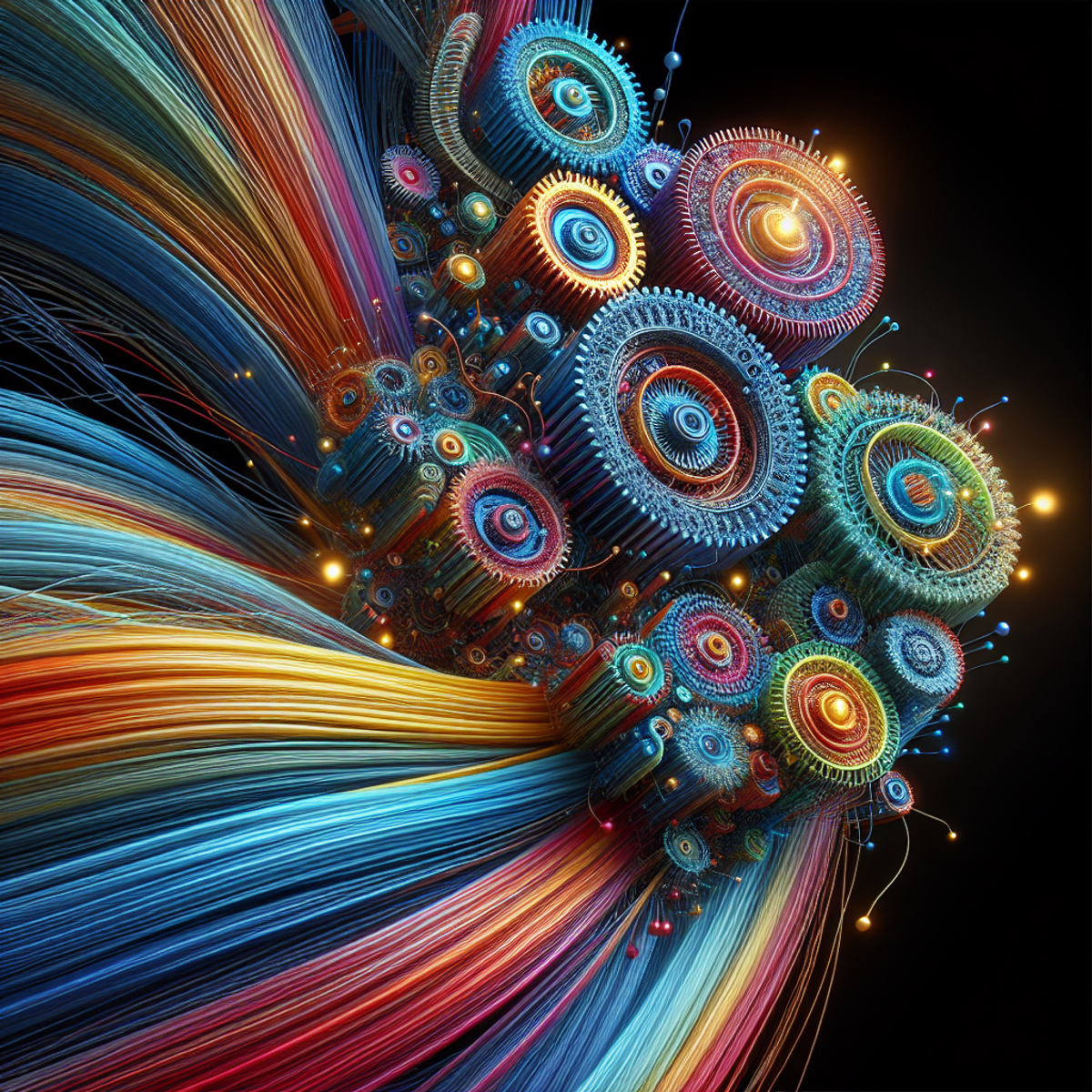 A group of colorful, interconnected gears in dynamic motion.