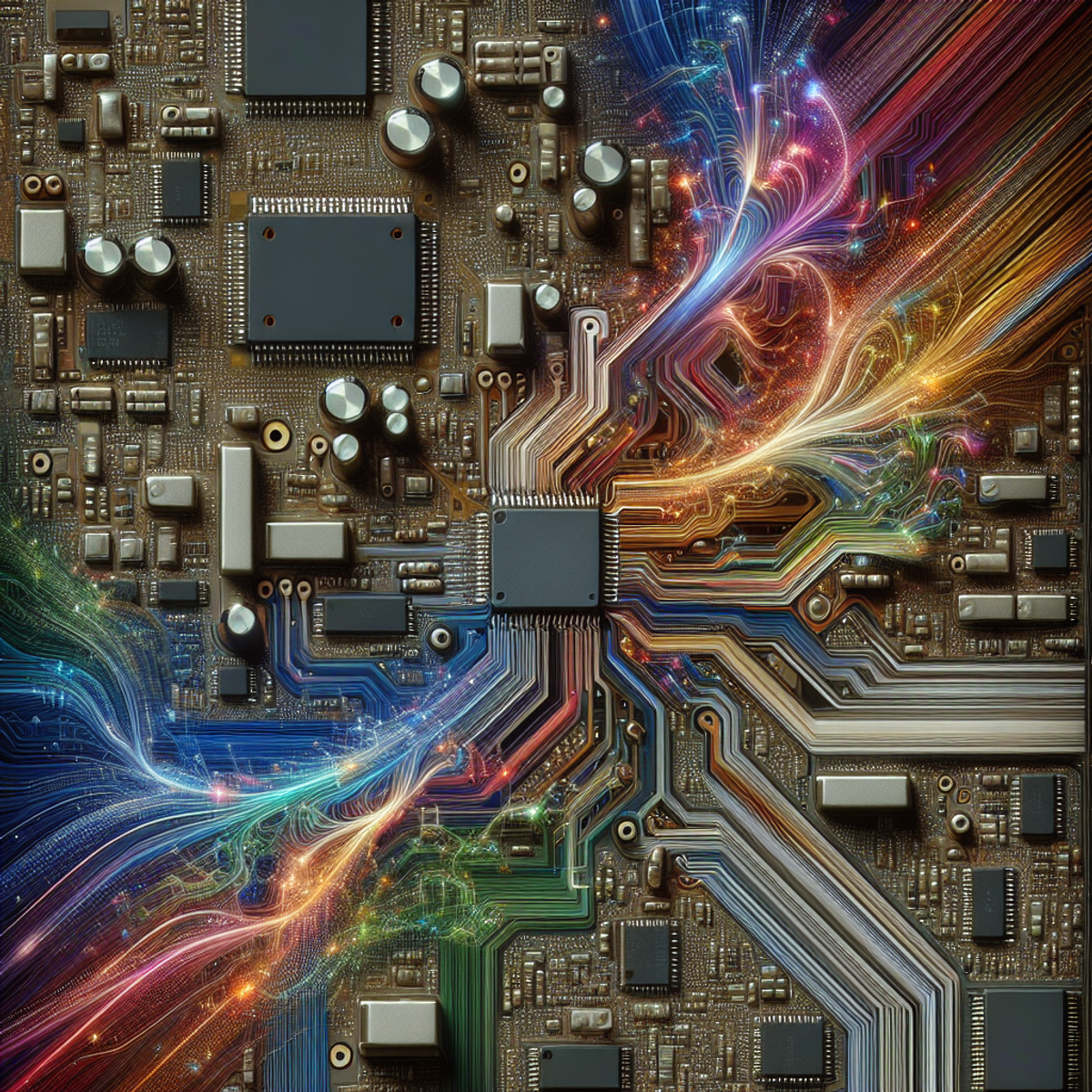 A close-up image of a computer circuit board filled with intricate metallic components like transistors, capacitors, and integrated chips. The board is overlayed with vibrant, colorful lines representing the flow of data within the system, rendered as abstract symbols.