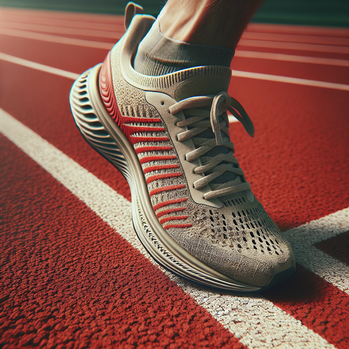 Close-up image of a running shoe on a vibrant red running track, showcasing the shoe's texture and design with neatly tied laces.