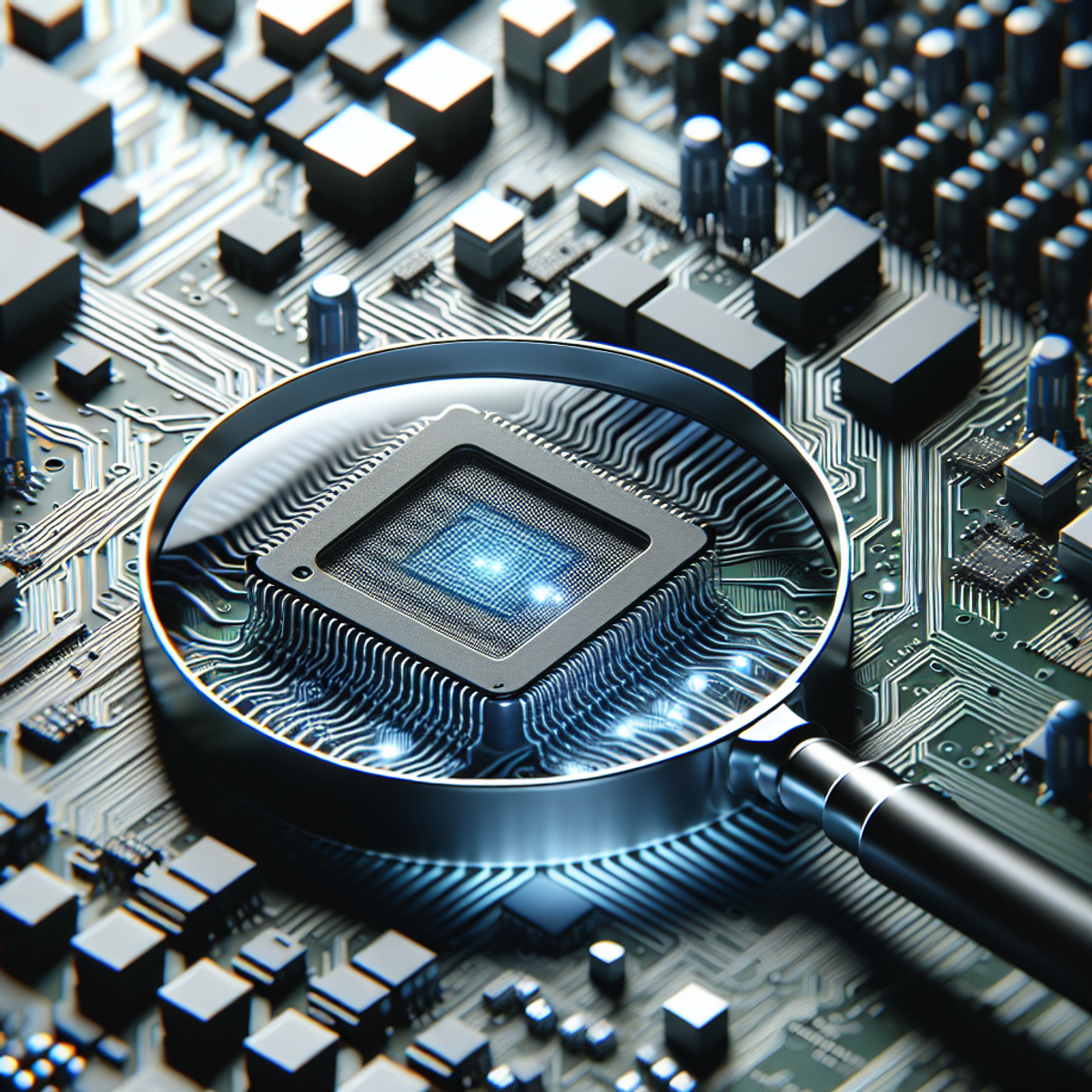 Close-up of a computer chip under a magnifying glass.