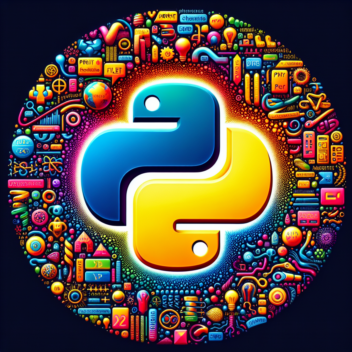 A colorful Python programming language logo surrounded by various symbolic representations of built-in functions and modules.