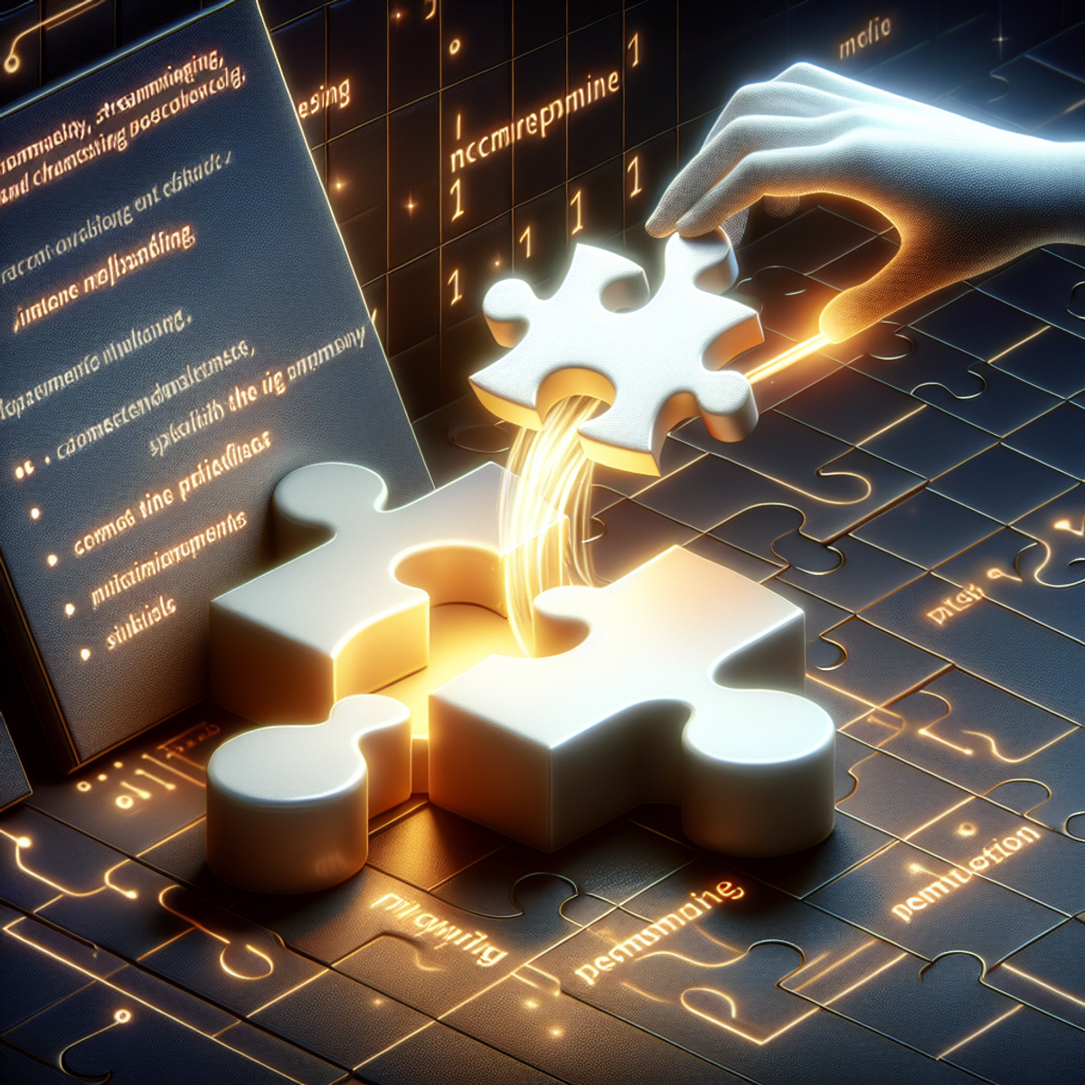 A glowing puzzle piece smoothly fits into a larger, incomplete puzzle, symbolizing the efficiency of caching and memoization in Python programming.