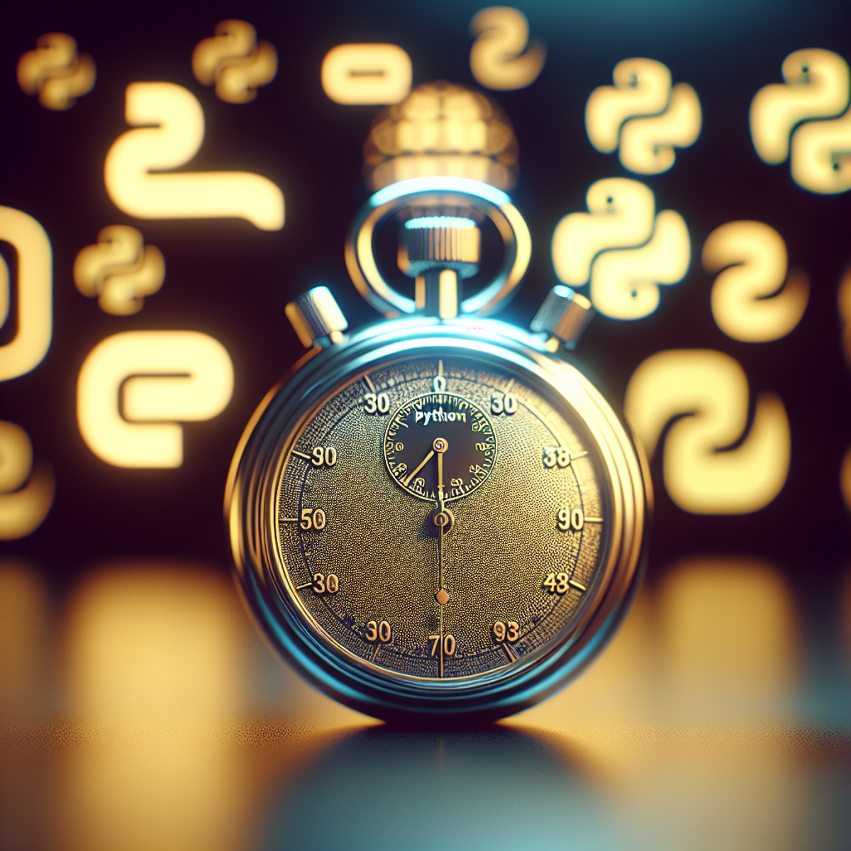 A close-up of a metallic stopwatch with Python programming language symbols in the background.