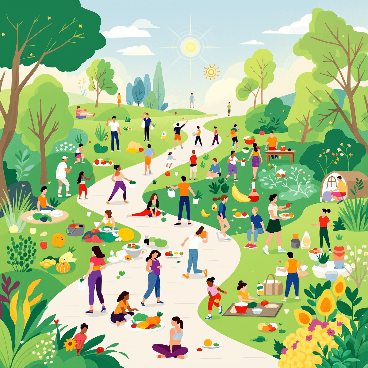 A lively outdoor scene with people walking, stretching, and preparing colorful fresh meals amid glowing energy shapes and a smooth flowing path.