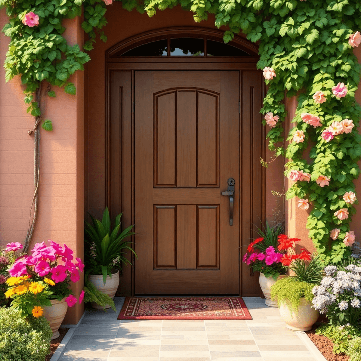 A charming entryway with a wooden door framed by lush greenery and vibrant flowers, creating a warm and inviting atmosphere.