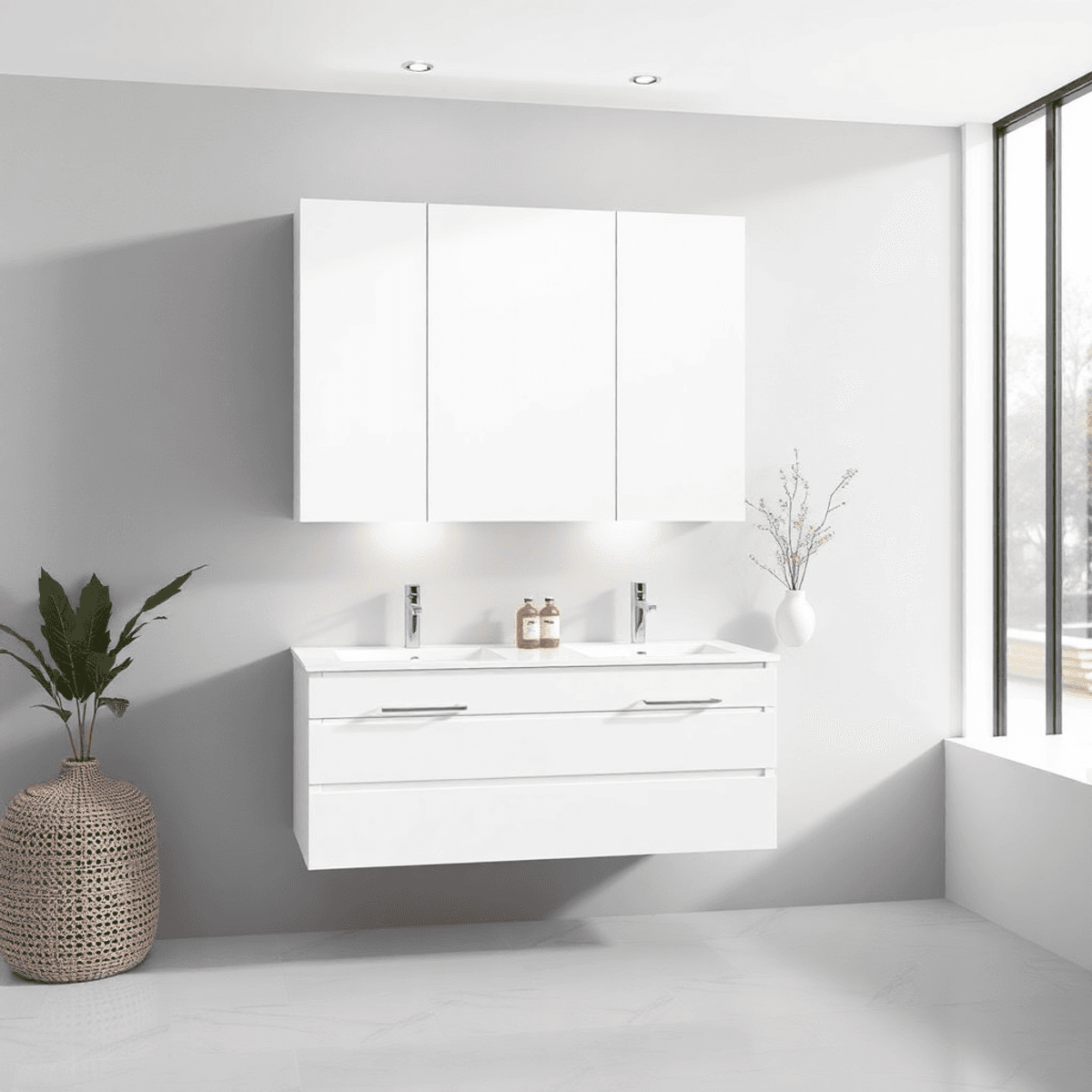 A modern white bathroom cabinet with clean lines in a bright, airy bathroom, showcasing a blend of contemporary style and practical design.