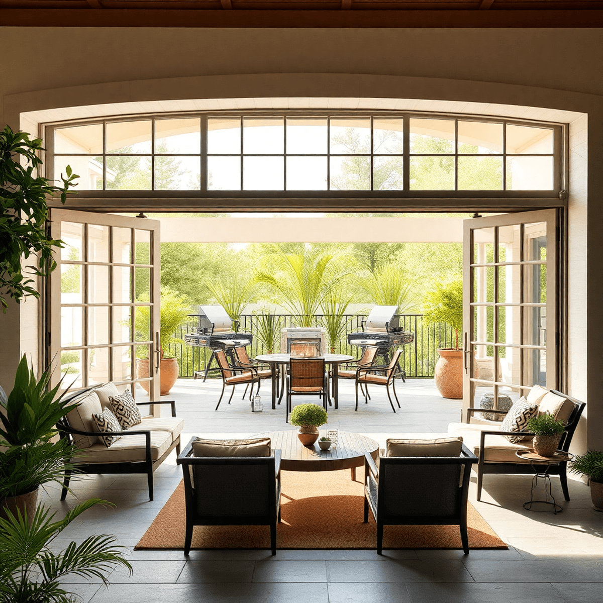 A stylish patio with open garage doors reveals a bright outdoor space filled with greenery and elegant furniture, illuminated by natural light filtering through glass panels.