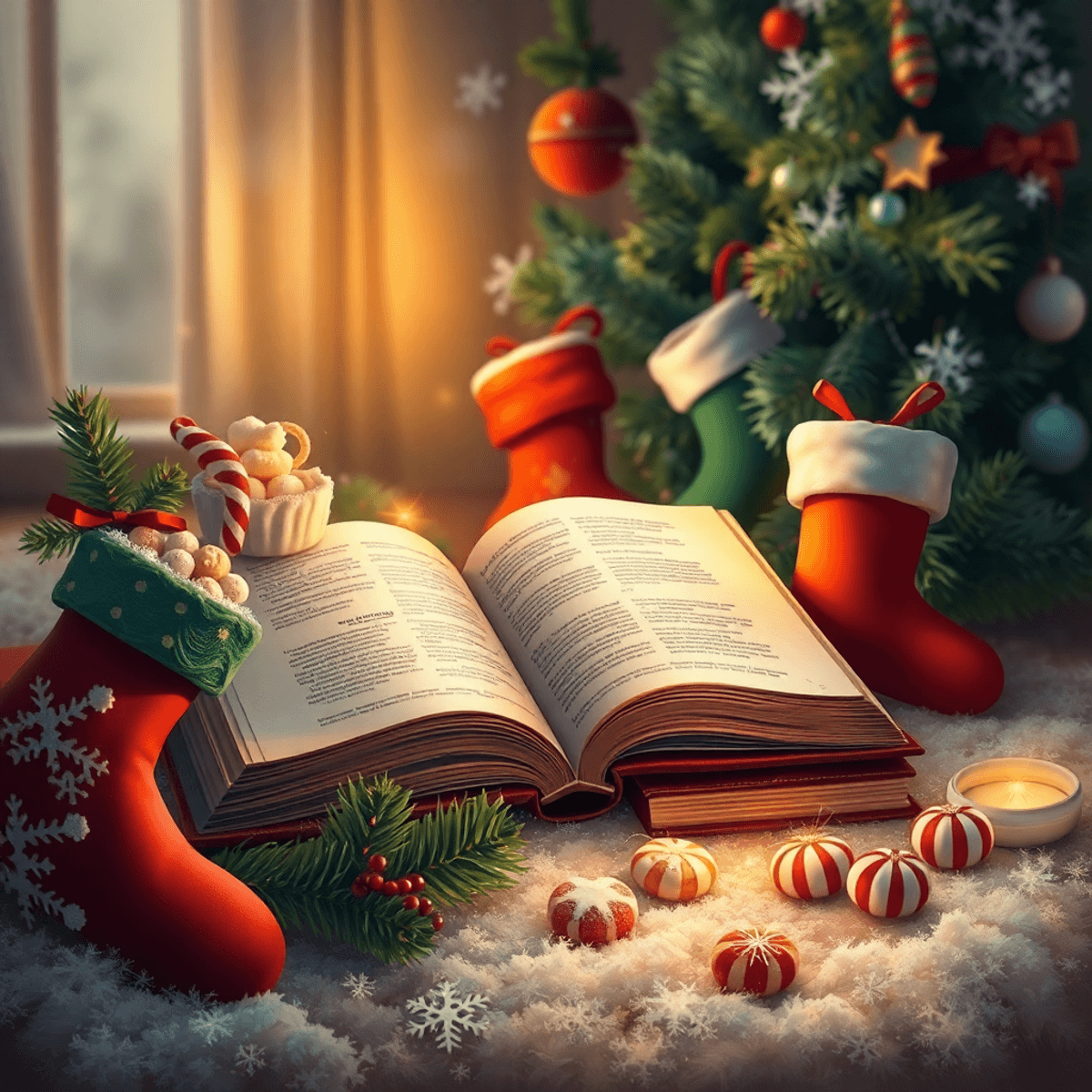 A cozy holiday scene with an open book, colorful stockings filled with sweets, and a warm glow, set against a backdrop of snowflakes and a decorated Christmas tree.