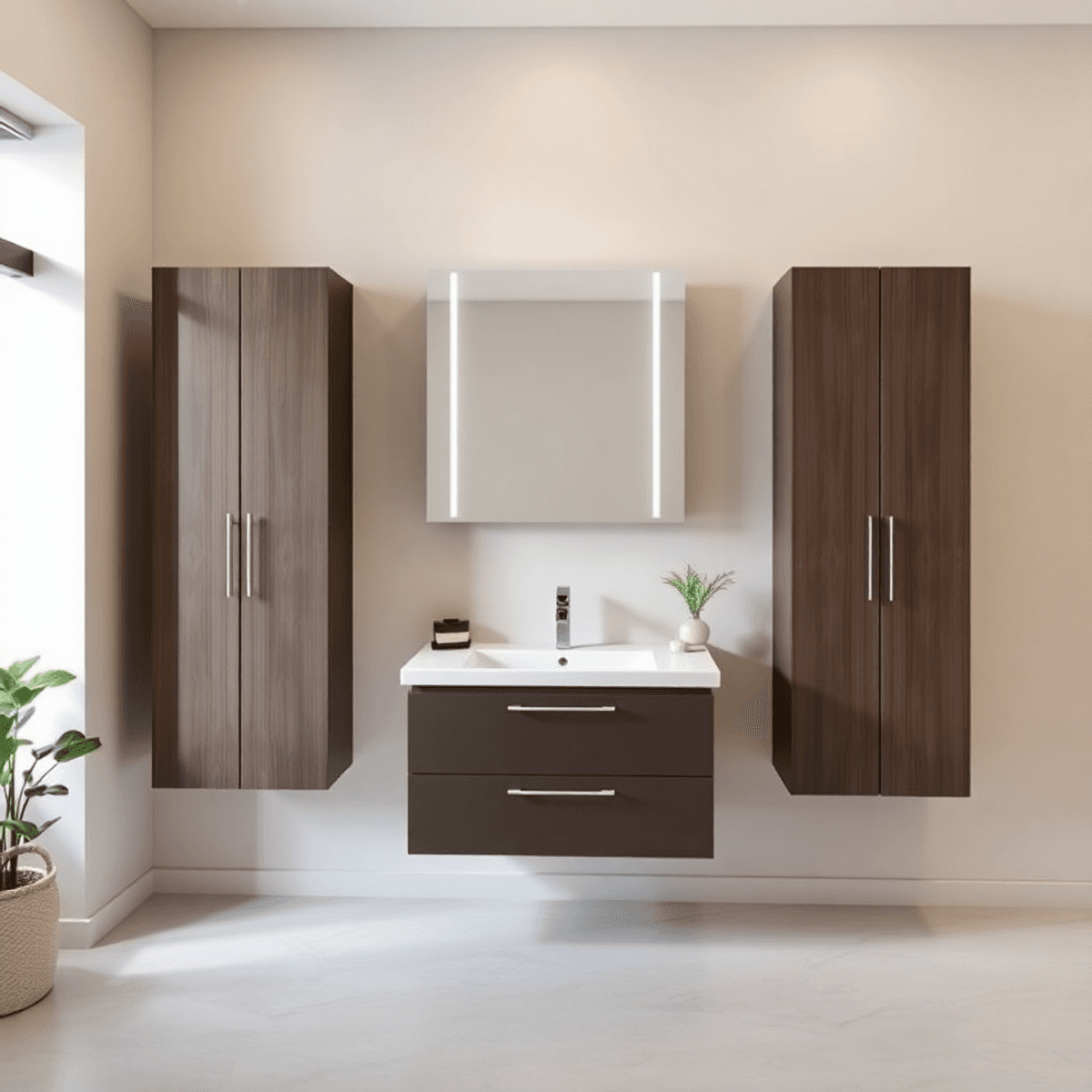 A modern bathroom with sleek wall-mounted cabinets, an elegant single vanity, and a neutral color palette accented by greenery for a stylish and organized look.
