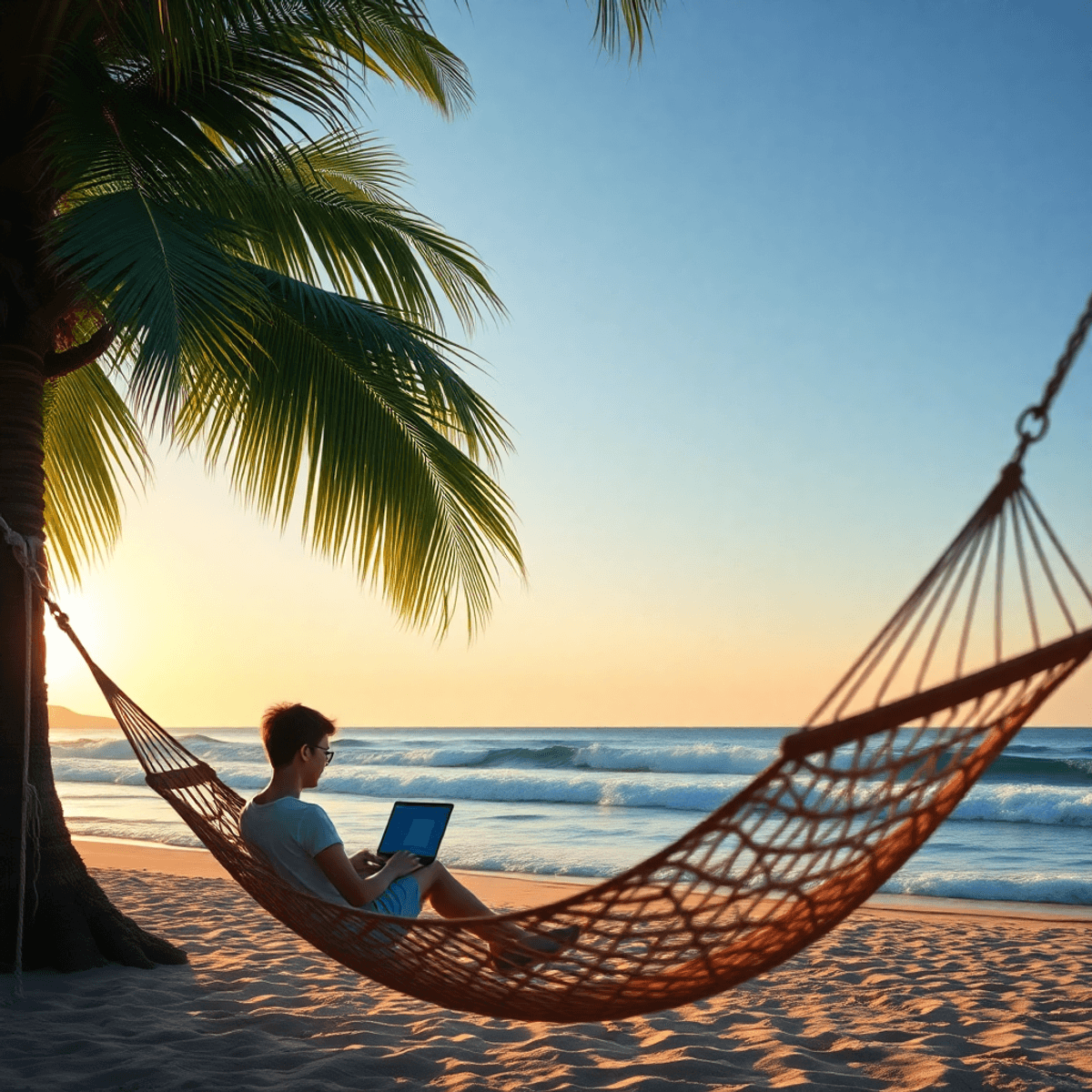 A person relaxes in a hammock under a palm tree, gazing at the waves during sunset with a laptop in hand. Coastal living encourages relaxation, creativity, and a perfect balance of work and leisure.