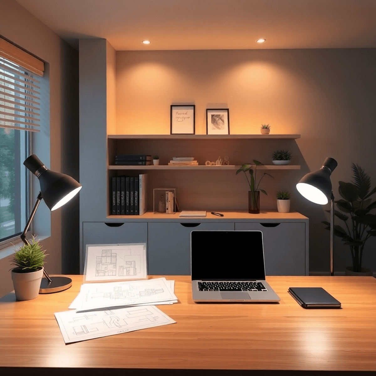 A cozy workspace with a modern desk, laptop, design sketches, and warm lighting, creating a professional yet inviting atmosphere for collaboration.