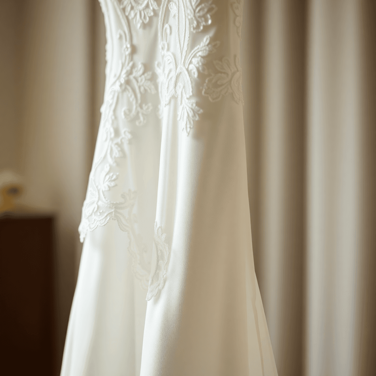A close-up of a elegantly cleaned wedding dress hanging, featuring delicate lace and silk fabrics, with soft lighting highlighting its intricate details against a blurred background.