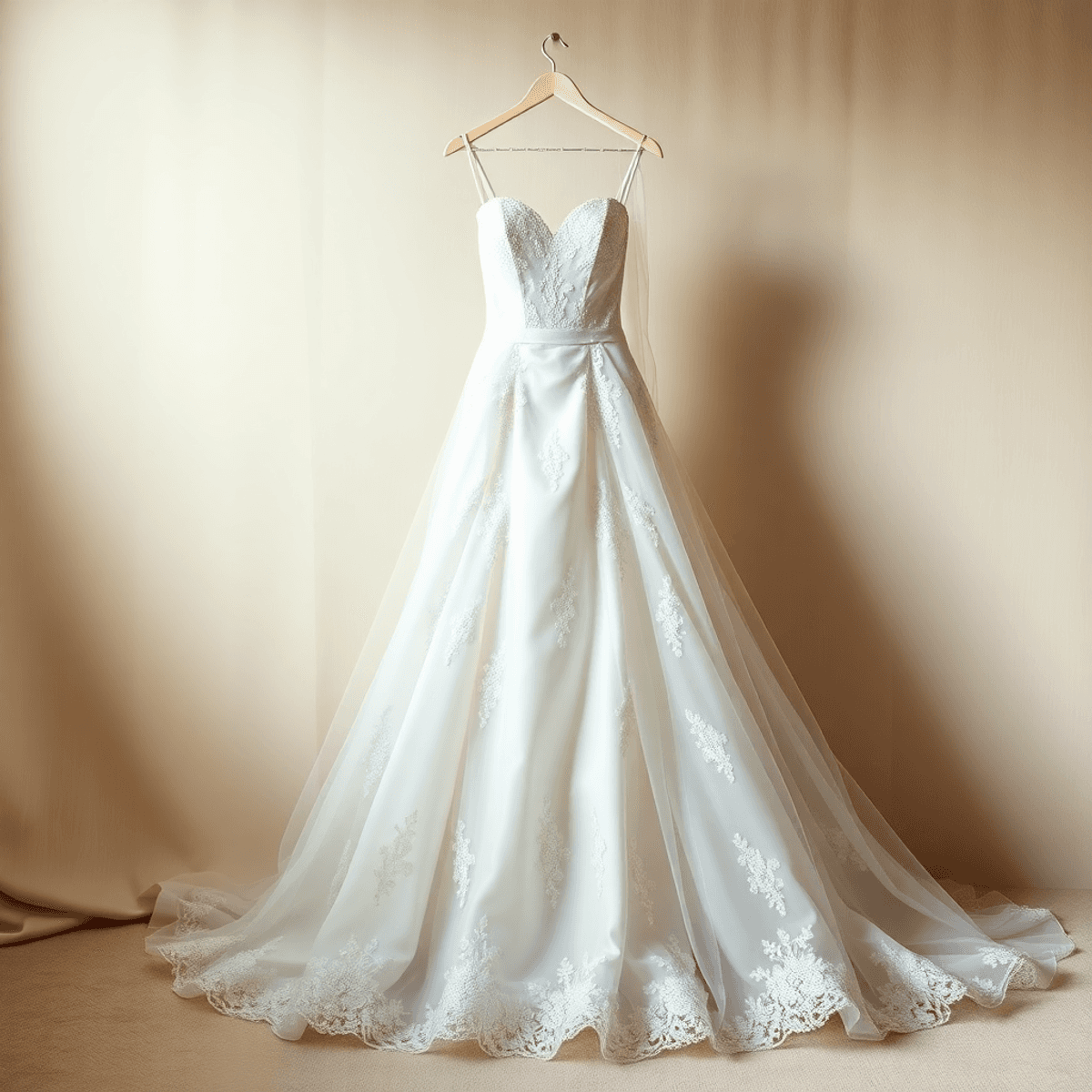 A beautiful wedding dress elegantly displayed on a soft background, featuring subtle wine stains and makeup smudges, symbolizing the importance of care and nostalgia.