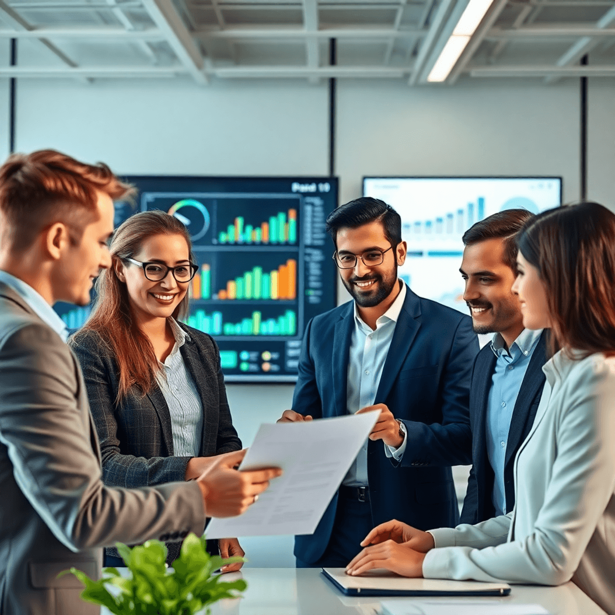 A diverse group of professionals collaborating in a modern office, with charts and graphs on a screen, highlighting teamwork and strategic decision-making.