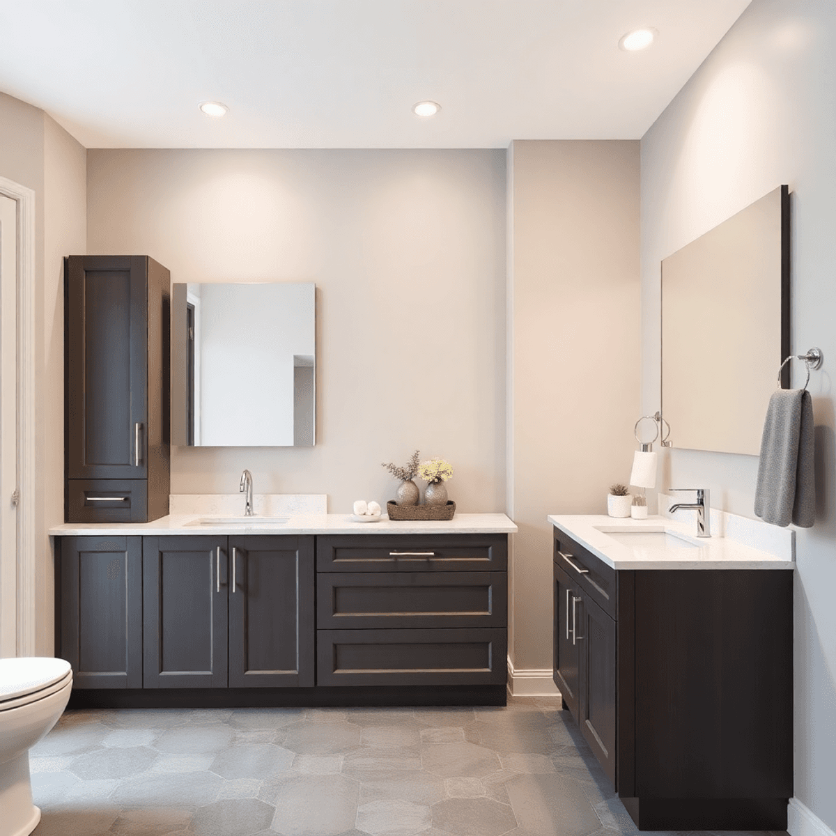 A modern bathroom featuring elegant cabinets with sleek lines and finishes, set against a serene color palette that enhances the stylish design.