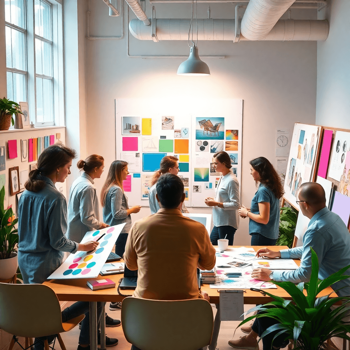 A lively workspace filled with professionals collaborating on interior design, surrounded by mood boards, color swatches, and design sketches in a bright, inspiring atmosphere.