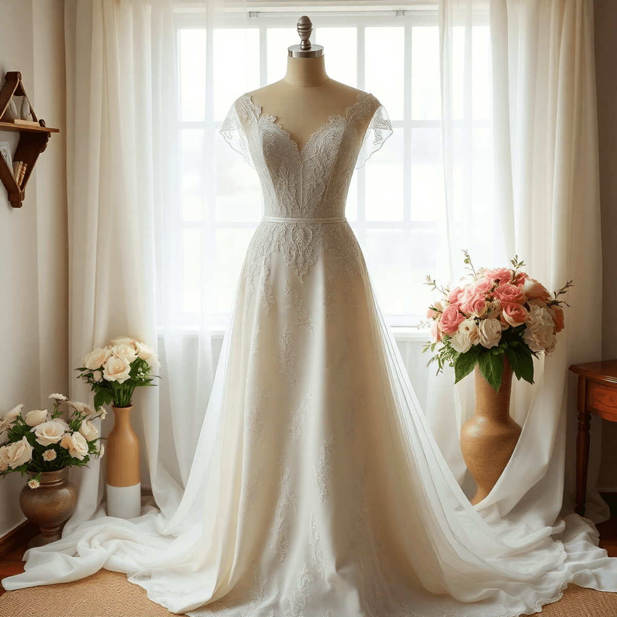 A vintage wedding dress on a mannequin, surrounded by soft fabrics and flowers, creating a bright, inviting atmosphere of timeless beauty and nostalgia.