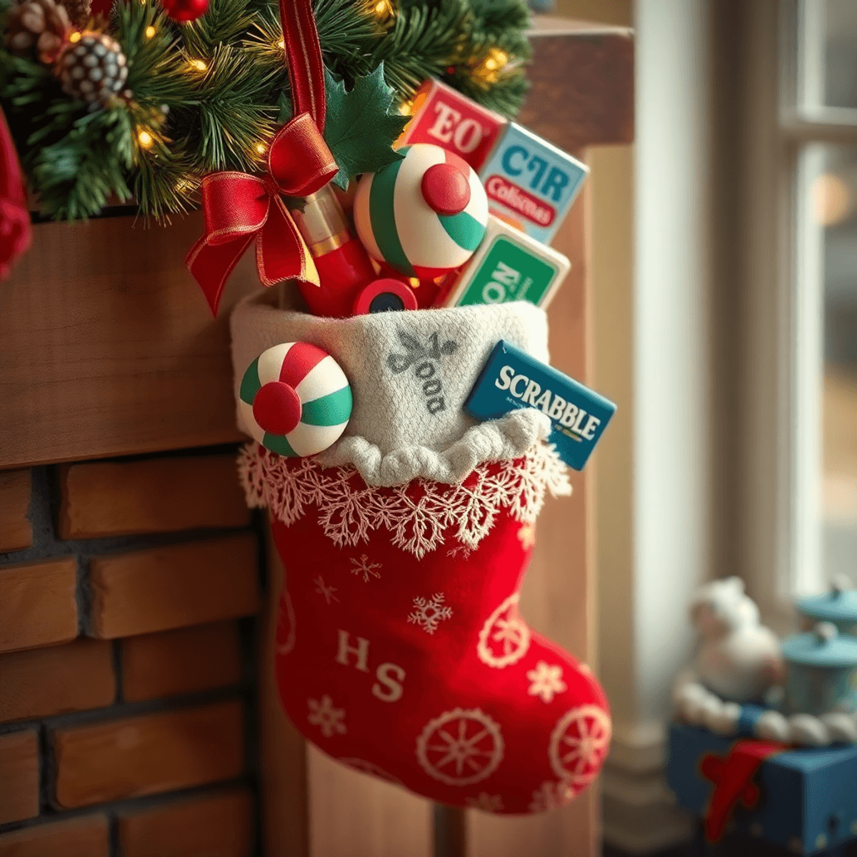 A vintage stocking filled with classic toys like a yo-yo, bouncy ball, and Scrabble game, set against a warm, softly lit backdrop.