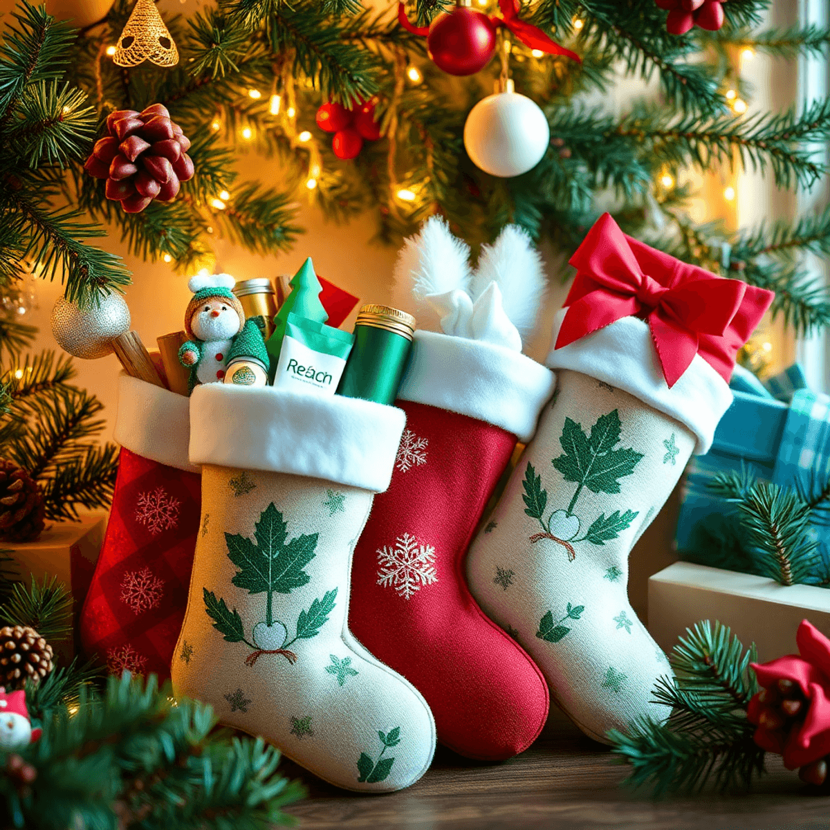 A cozy holiday scene with eco-friendly stocking stuffers, including reusable items and organic toys, set against pine branches and twinkling lights.