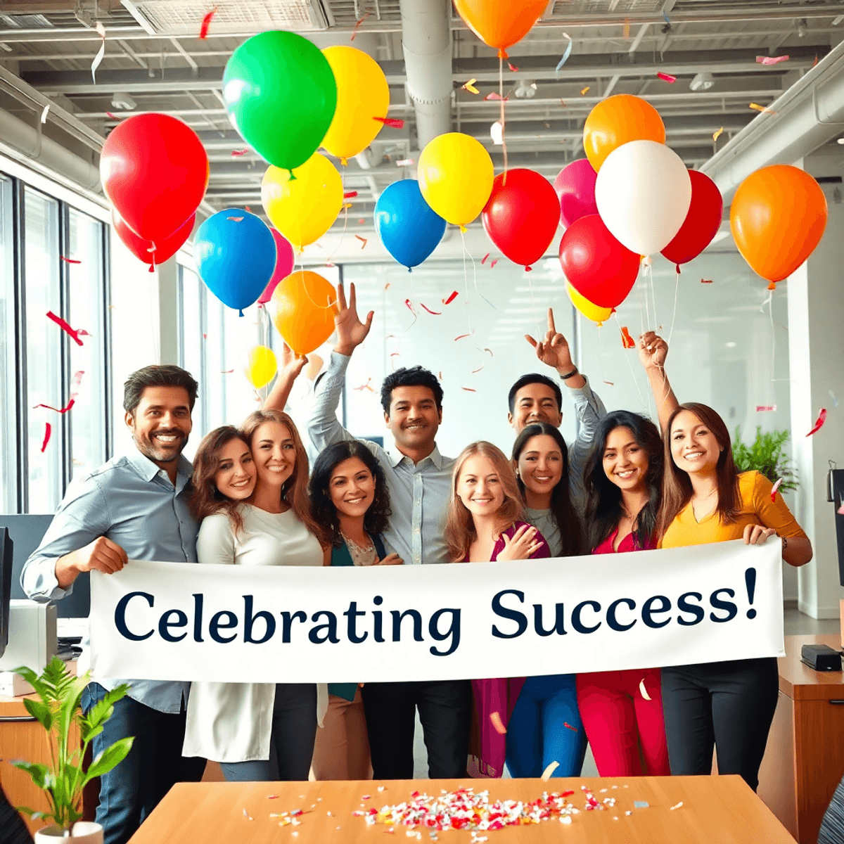 A lively office celebration with employees joyfully surrounded by balloons and confetti, featuring a banner that reads "Celebrating Success!" in an atmosphere of teamwork.