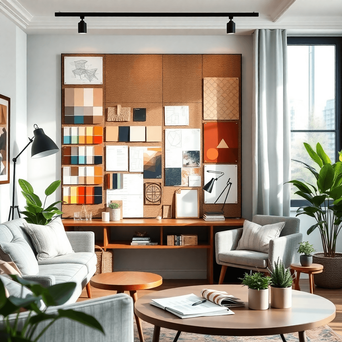 A stylish interior workspace with a mood board of color swatches and fabric samples, modern furniture, plants, and soft natural lighting for a creative atmosphere depicting the interior design process.