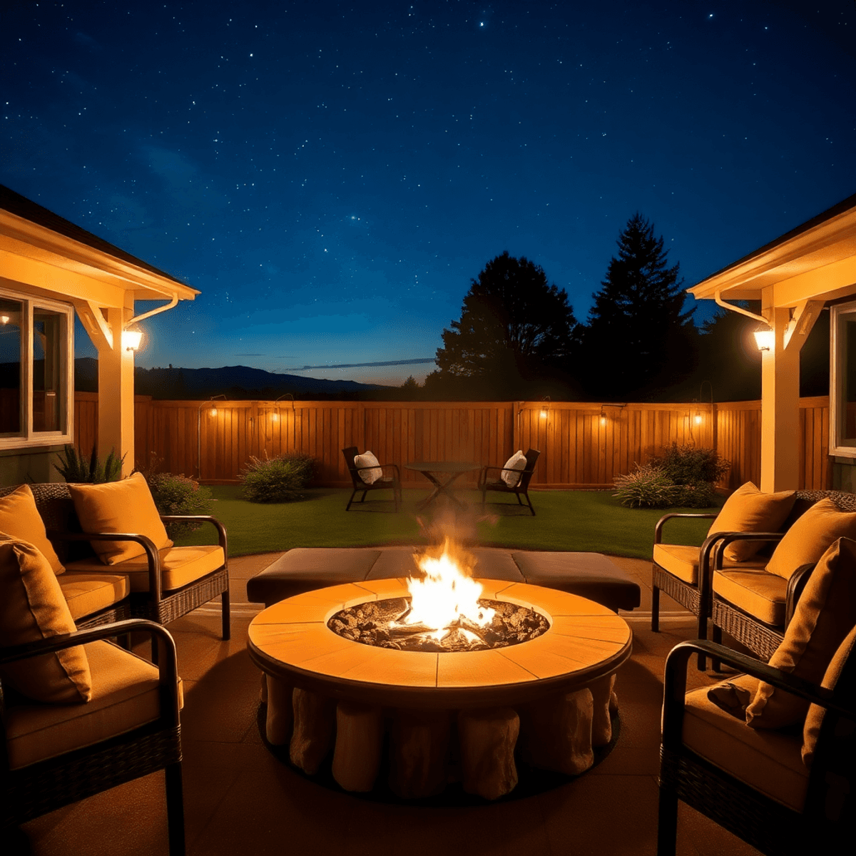 A cozy outdoor fire pit with comfortable seating, soft lighting, and a starry night sky, creating a warm atmosphere for gatherings.