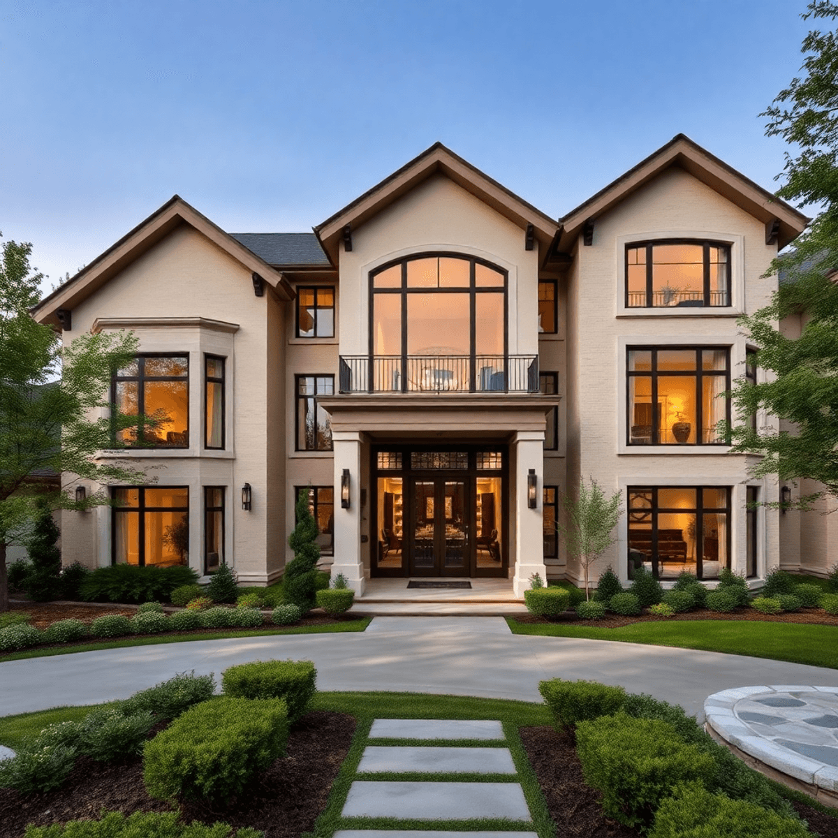 A stunning custom home featuring elegant architecture, large windows, and a stylish entrance, set in a lush landscape that showcases thoughtful outdoor spaces.