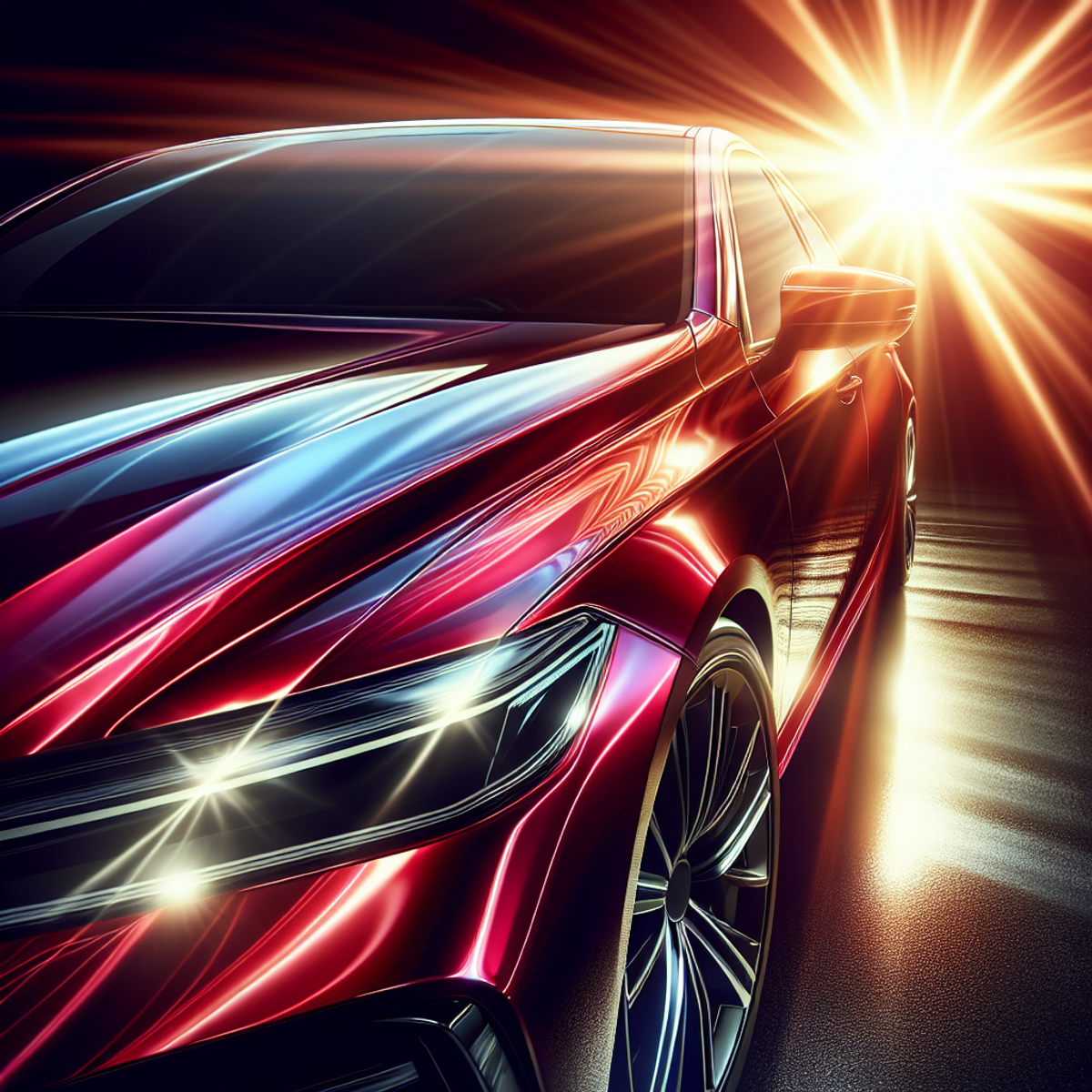Shiny red sports car in sunlight