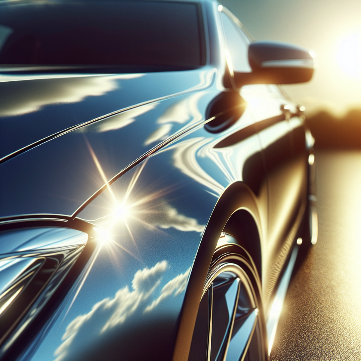 A shiny silver car reflecting the sunlight on a clear day.