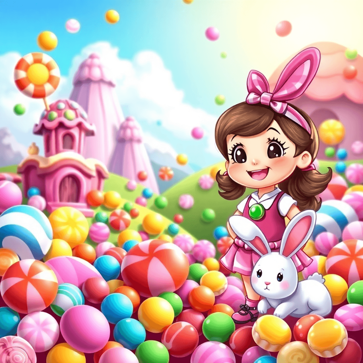A whimsical candy-themed landscape with colorful sweets, match-3 puzzle pieces, a cute adventurous girl character, and a friendly bunny in a bright, inviting background.