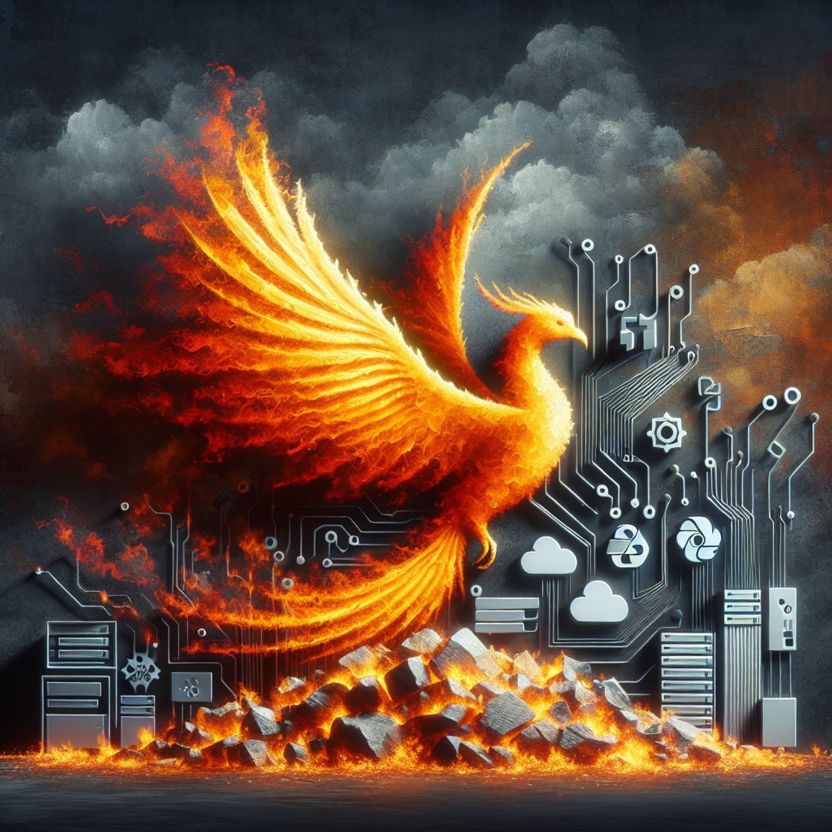 A vibrant phoenix rising from a heap of ashes surrounded by abstract technology elements.