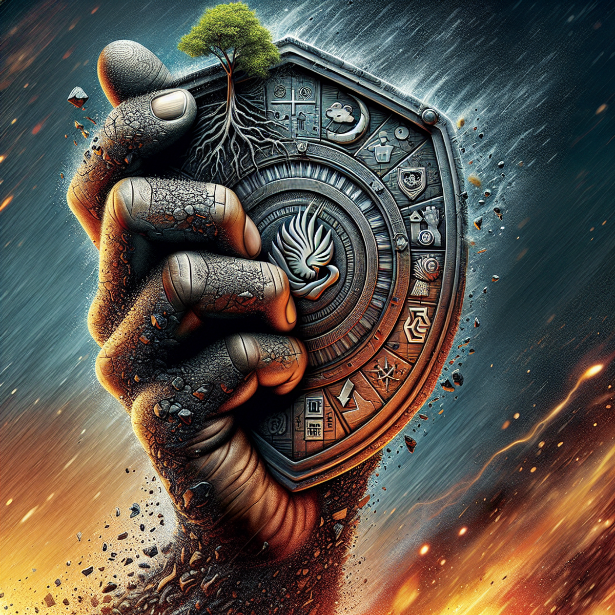 A determined hand of a South Asian individual gripping a shield depicting Disaster Recovery Planning, with symbols of resilience and rebirth.