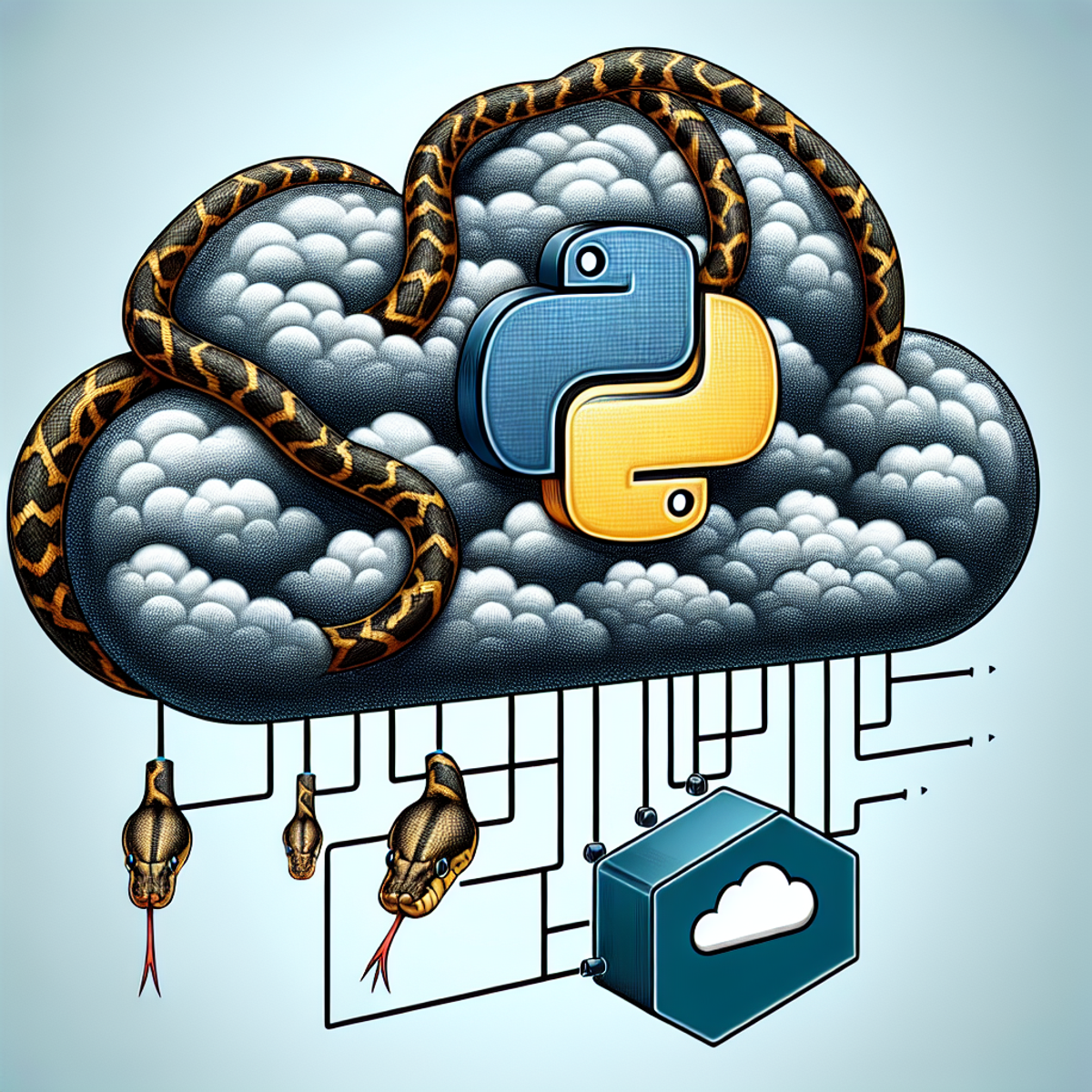 A python snake slithers through a fluffy cloud, symbolizing the integration of Python programming with cloud technology.