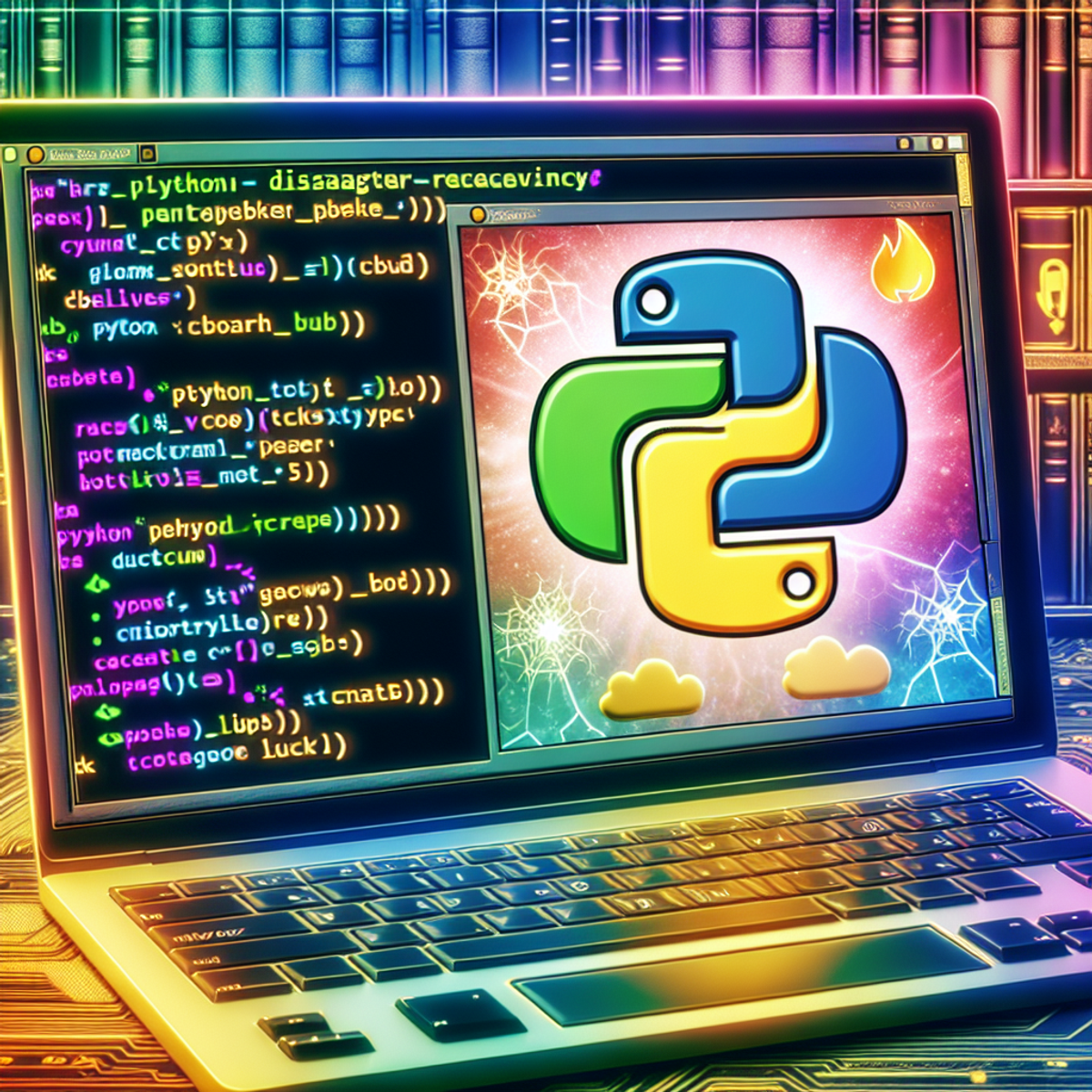 A computer screen displaying Python coding environment with colorful syntax highlighting representing disaster recovery planning, including symbolic representations such as Python's snake logo, cloud for libraries, and symbols like shield or broken chain link.