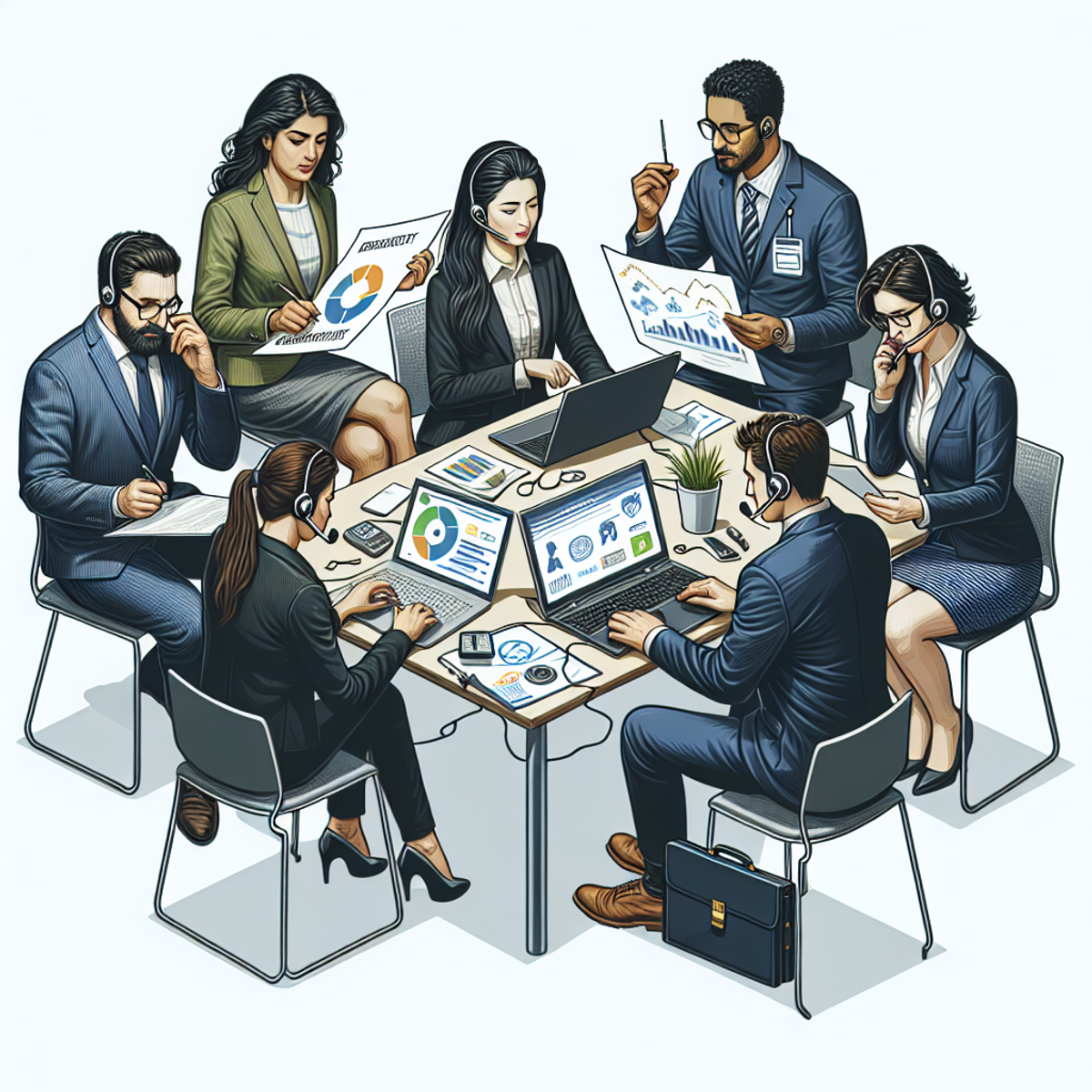 A diverse business team of five individuals working together collaboratively, with a South Asian woman and a Middle Eastern man leading a brainstorming session, an East Asian man working on a laptop, a Black woman engaged in communication on a headset, and a Caucasian man consulting a document. They all have expressions of determination and focus, highlighting teamwork, resilience, and adaptation in the face of adversity. The image includes a chart, laptop, headset, and papers with symbols representing disaster recovery, resilience, and business continuity.