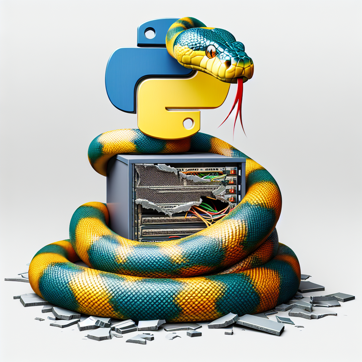 A python snake coiled around a damaged server.