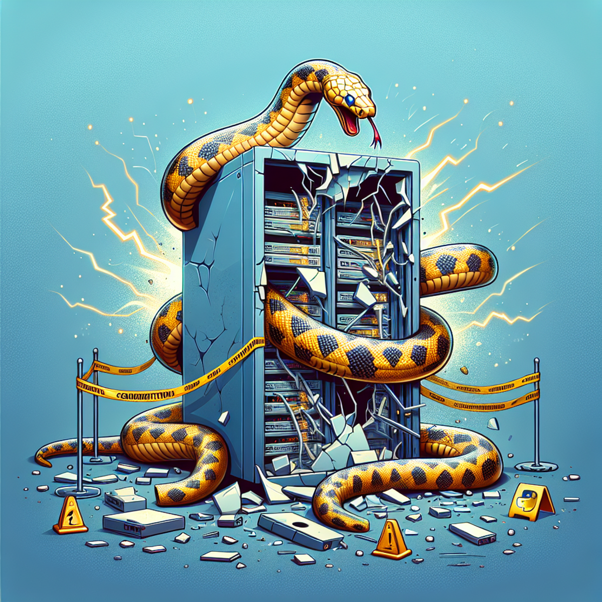 A large Python snake wrapped around a broken server with caution tape around it.