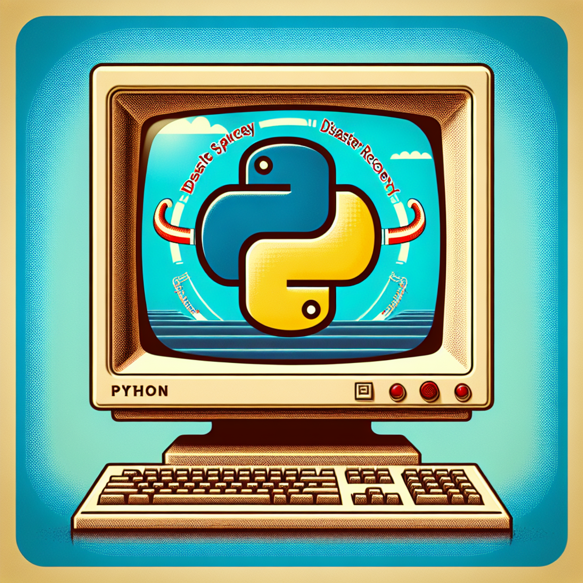 A vintage computer screen displaying a symbolic representation of Python programming language, with a slithering snake, and a window in the background showing a logo symbolizing disaster recovery, such as a safety shield or lifebuoy.