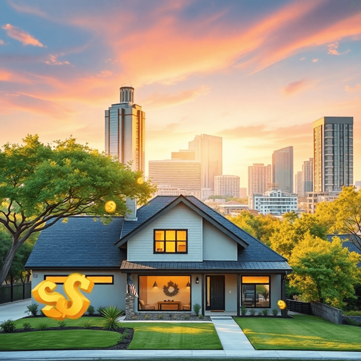 Modern house in front of vibrant Austin cityscape with abstract golden cash symbols and warm sunlight symbolizing fast, hassle-free home sale.