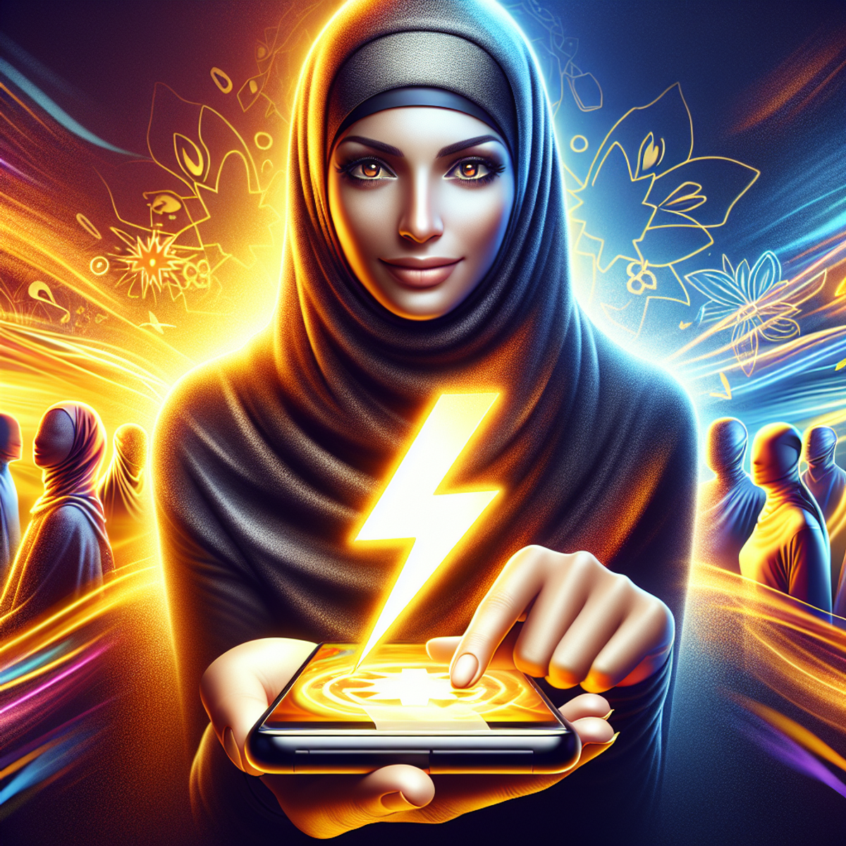 A Middle-Eastern woman holding a modern smartphone with a glowing lightning bolt symbol on the screen, set against a vibrant and energetic background with abstract figures.