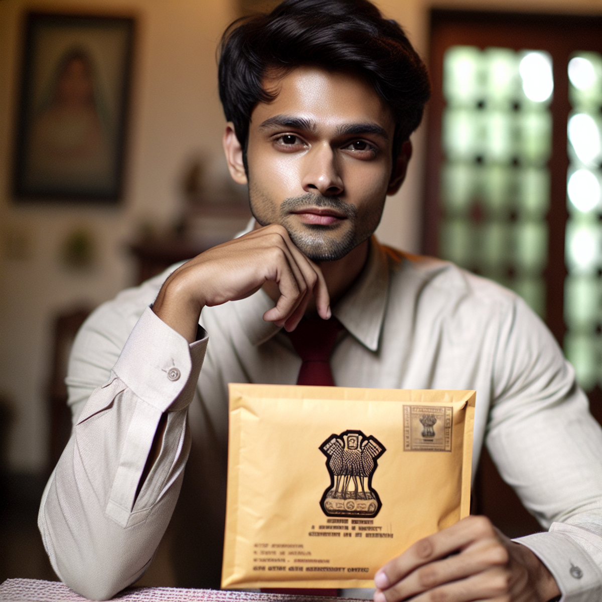 A South Asian man holding a sealed envelope with a government emblem, exuding confidence and determination.