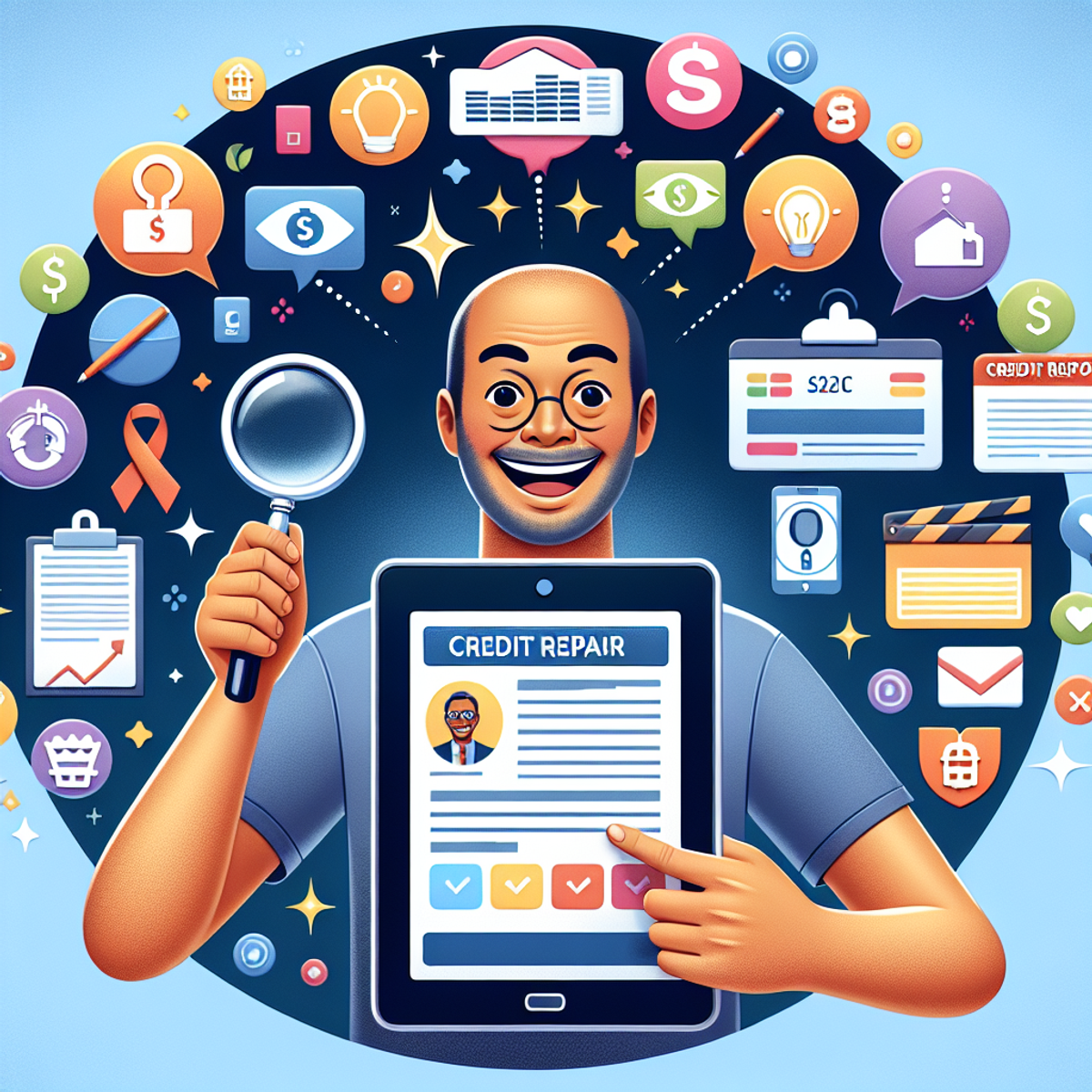 A person of South Asian descent smiles confidently as they hold a magnifying glass in one hand and a tablet in the other. The tablet's screen displays symbols representing a credit report, while vibrant icons surrounding them symbolize credit repair services.